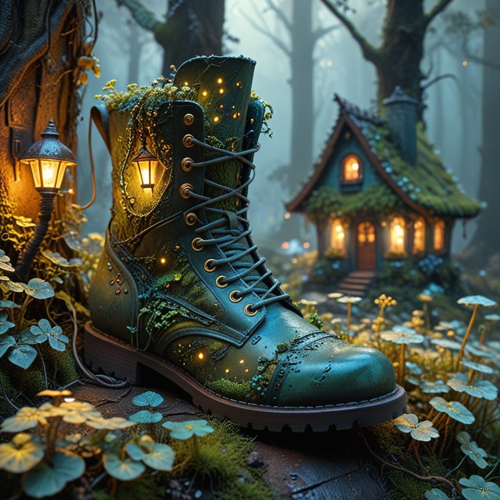 Fantasy Boot City in Foggy Forest, Oil Painting