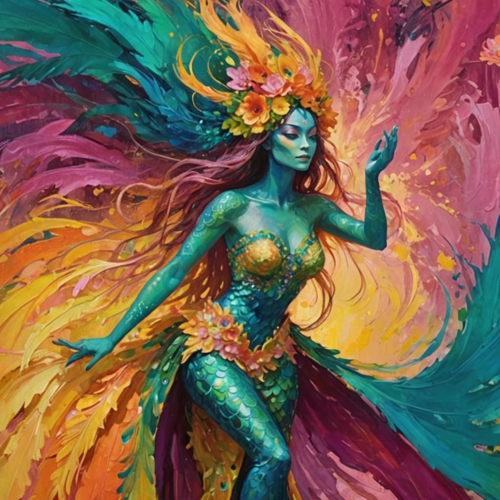 Dragon Peacock Woman in Abstract Expressionism Style