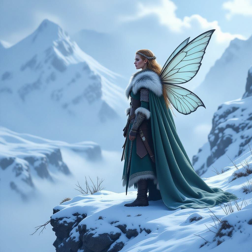 Fairy as Viking Warrior in Winter Landscape