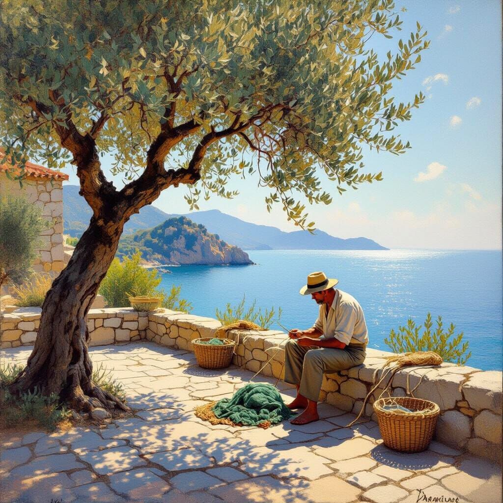 Fisherman Mending Nets by Tranquil Mediterranean Bay