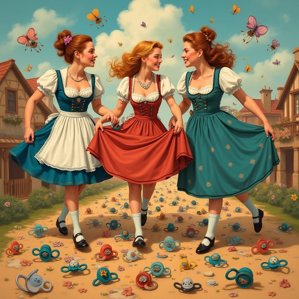 Women in Bavarian Dirndls Trample Pacifiers in Whimsical Okt...