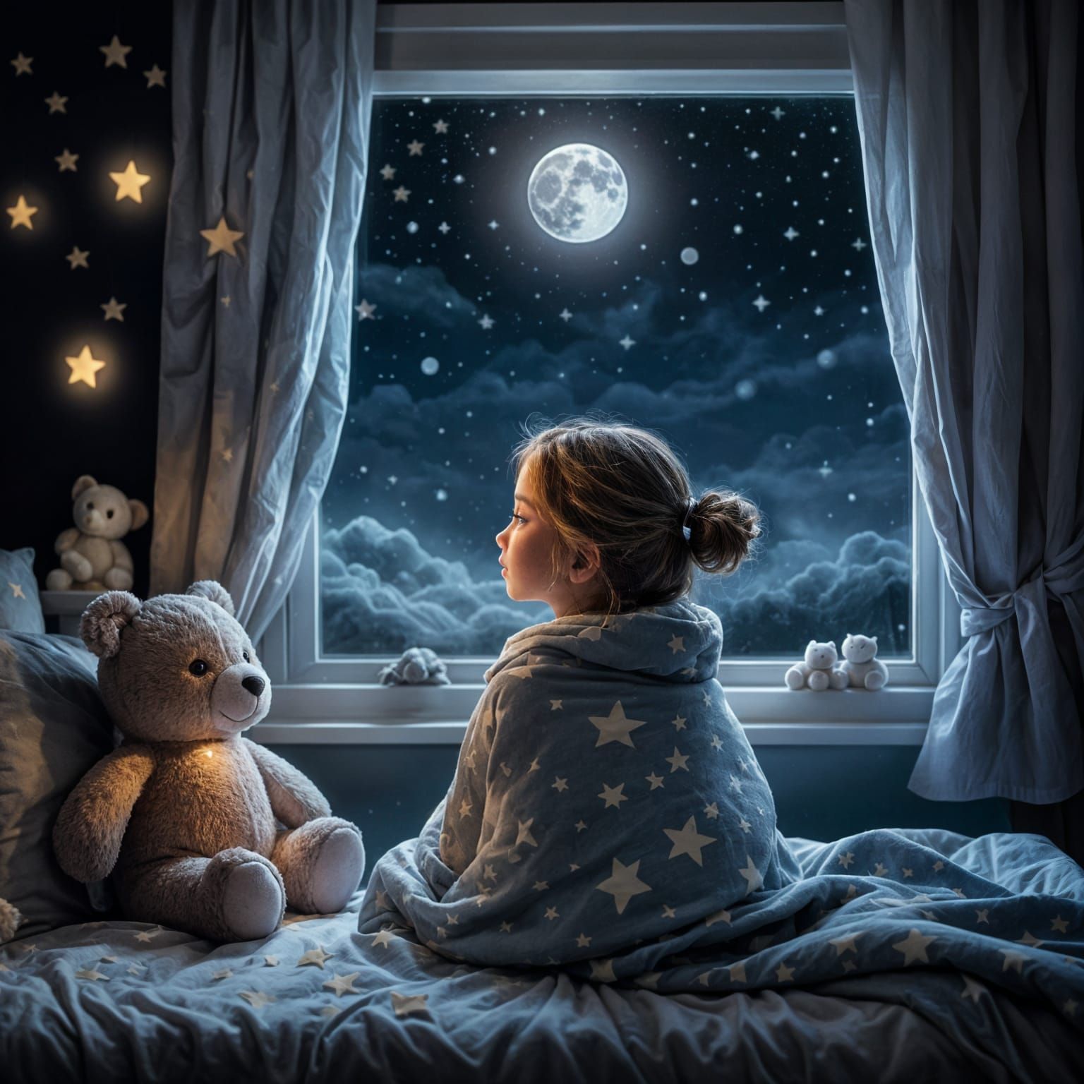 Girl Gazing at Moon in Cozy Anime Bedroom