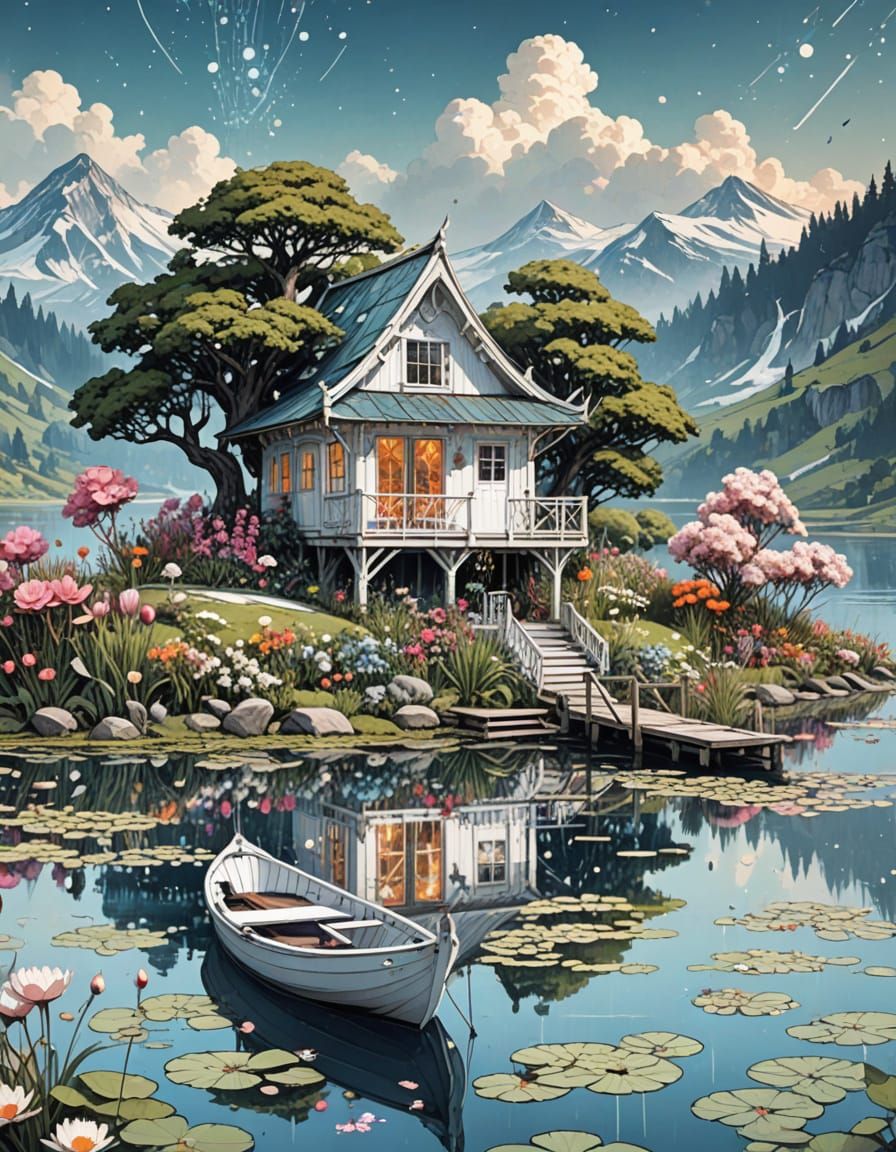 Enchanted Boathouse on Lake at Sunset