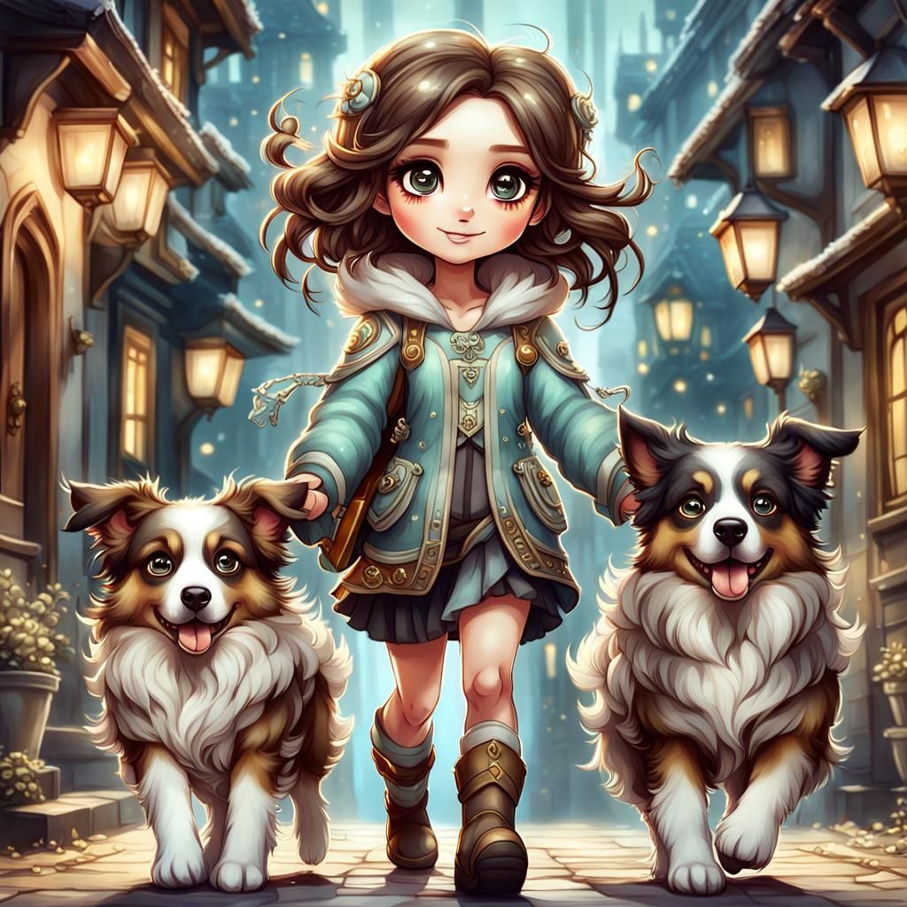 Chibi Girl Welcomed Home by Australian Shepherds