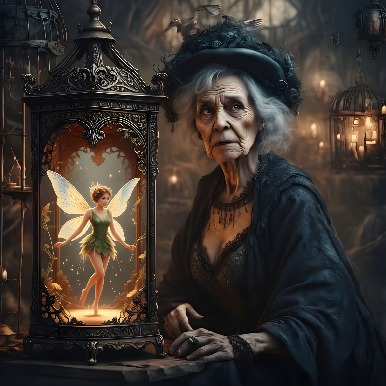 Ugly Witch Holds Enchanted Birdcage With Trapped Angel