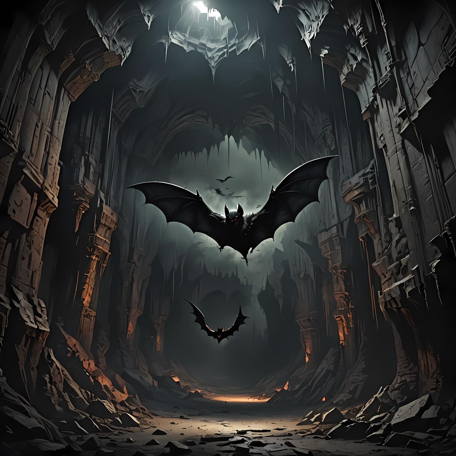 Dark Cavern with Monstrous Bat in Dark Fantasy Style
