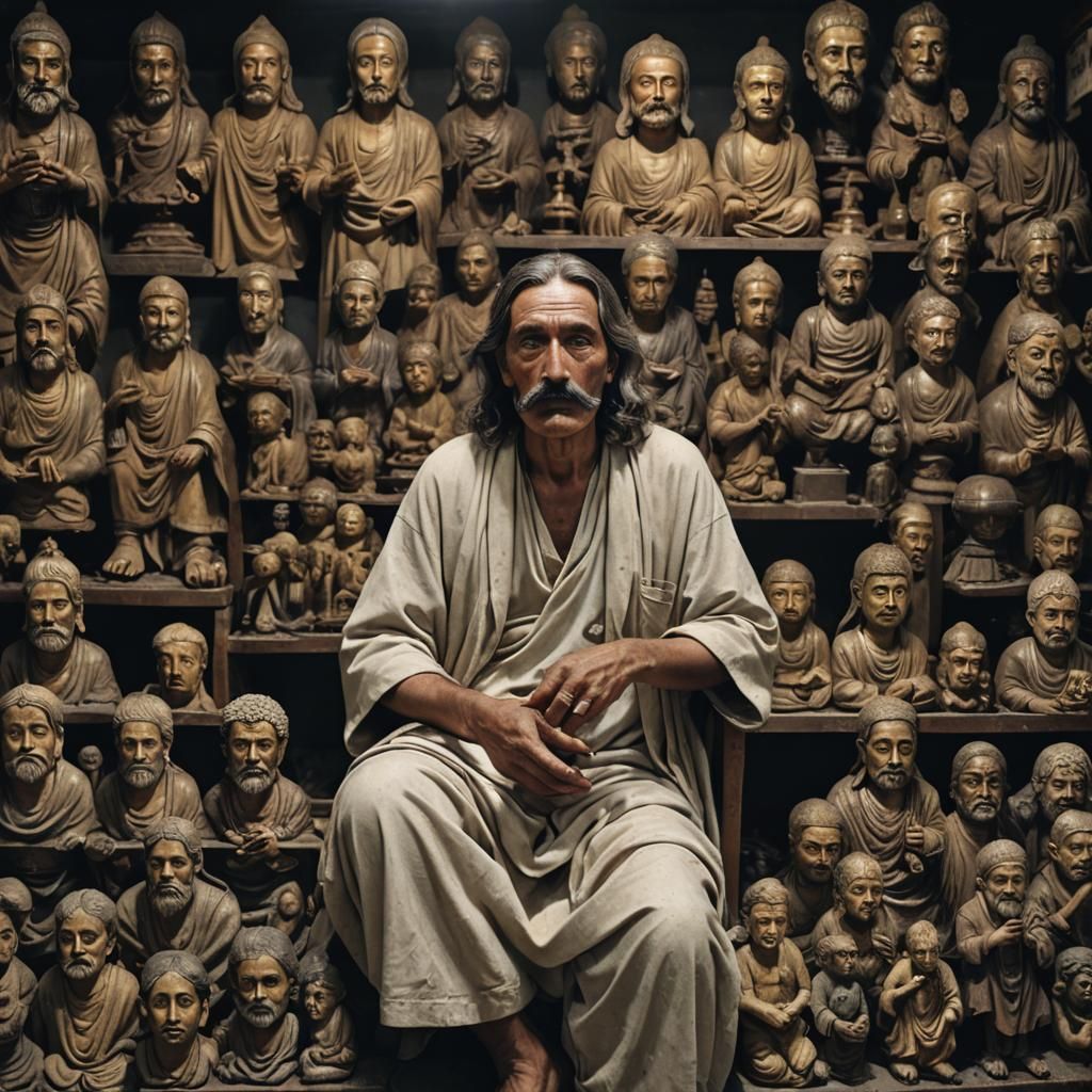 Man Sells Religious Statuettes in Dark Shop