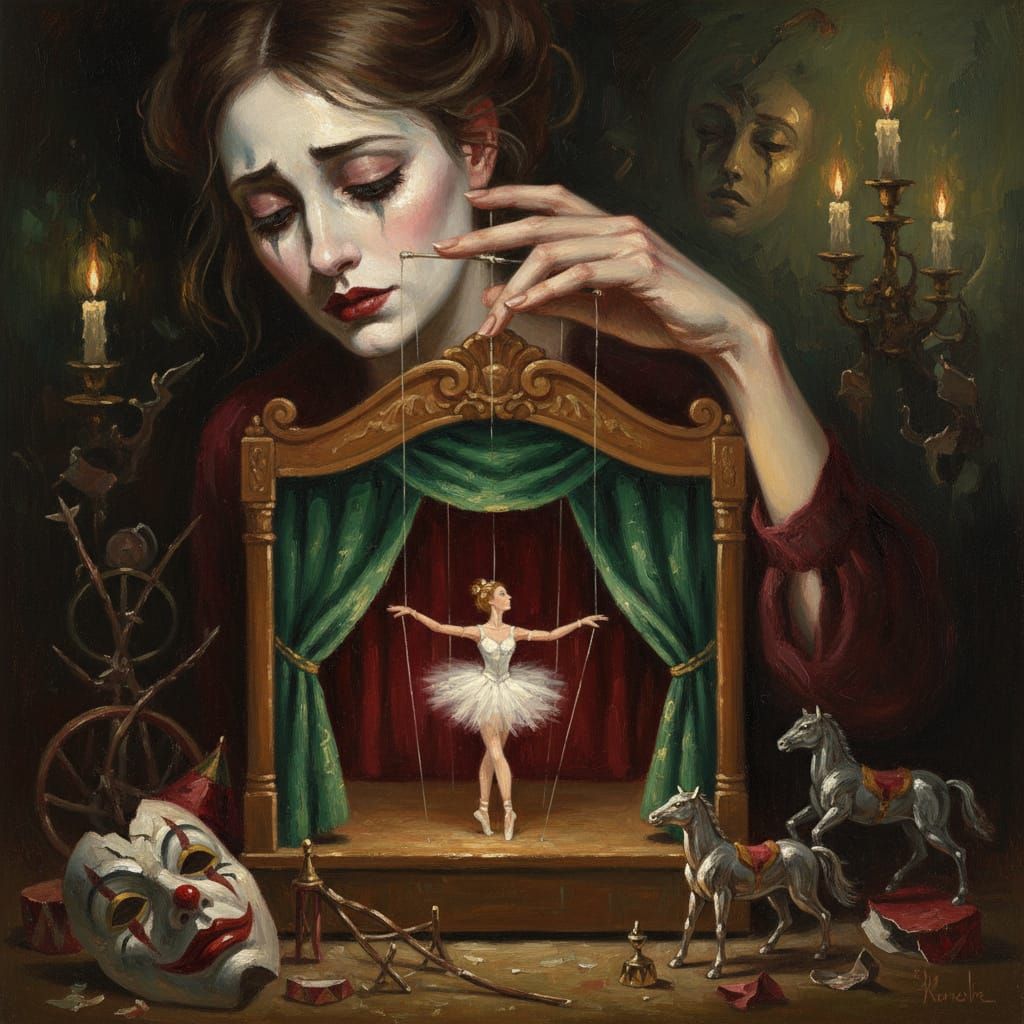 Melancholic Woman Controls Marionette in Moody Oil Painting