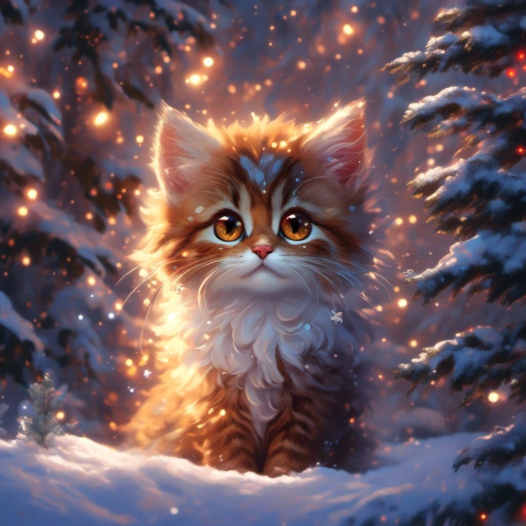 Anime Christmas Tree Cat in Snowy Forest