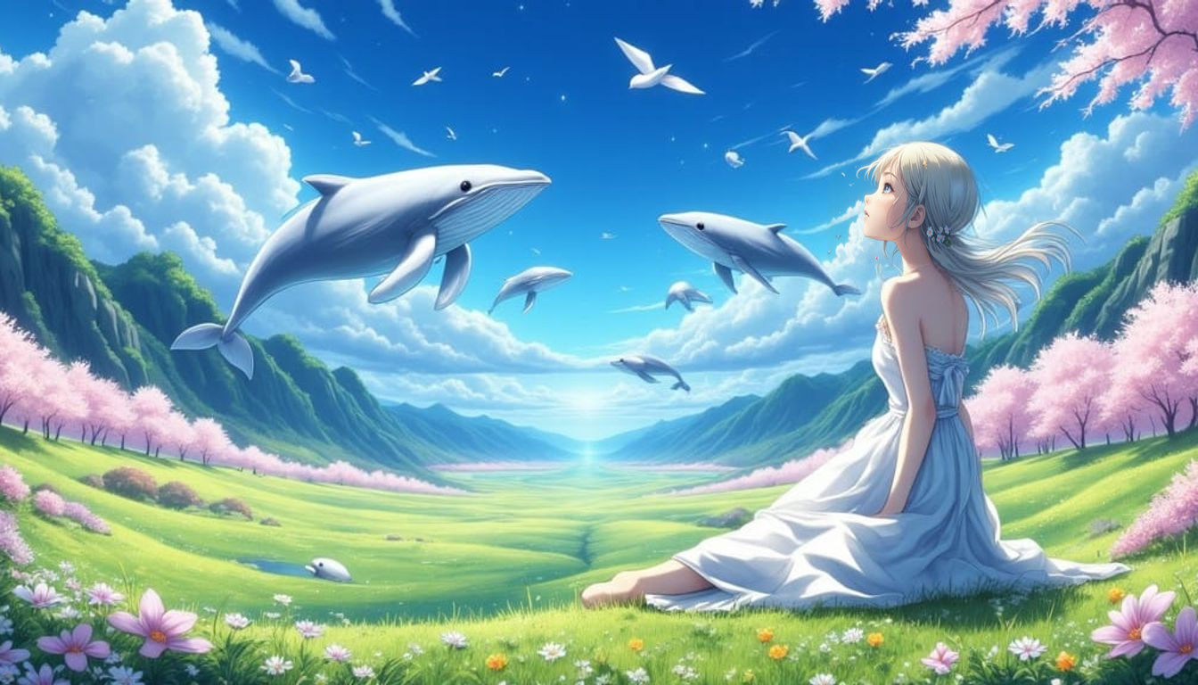 Anime Girl in Whimsical Sky Landscape with Flying Whales