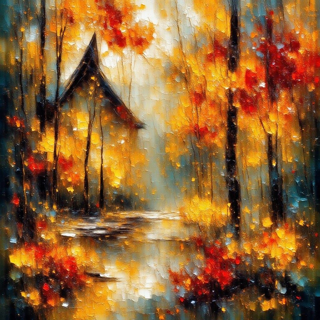 Ethereal Autumn Woodland Mist in Impressionist Style