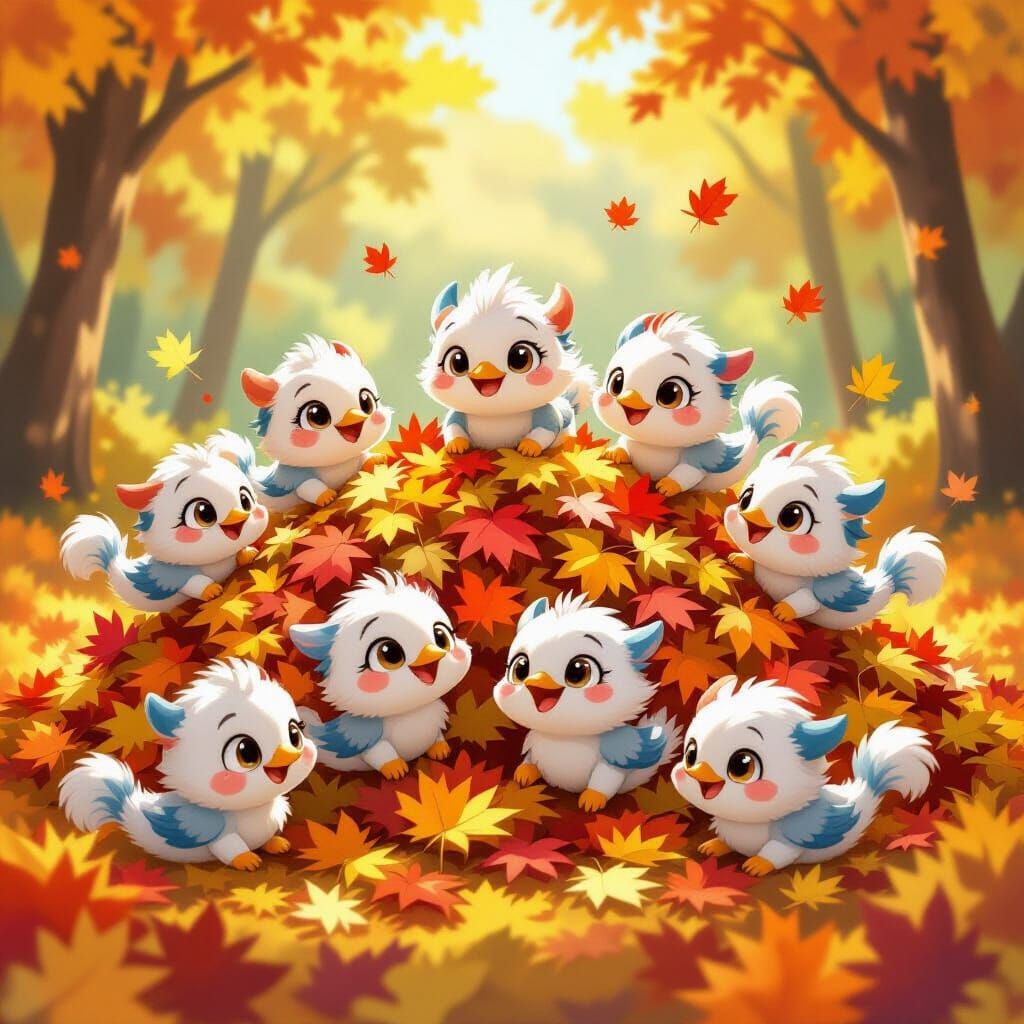 Fluffy Dragon-Robins Joyfully Play in Autumn Leaves