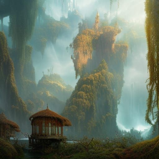 Winter Treehouse Under Aurora, Hyperrealistic Digital Art