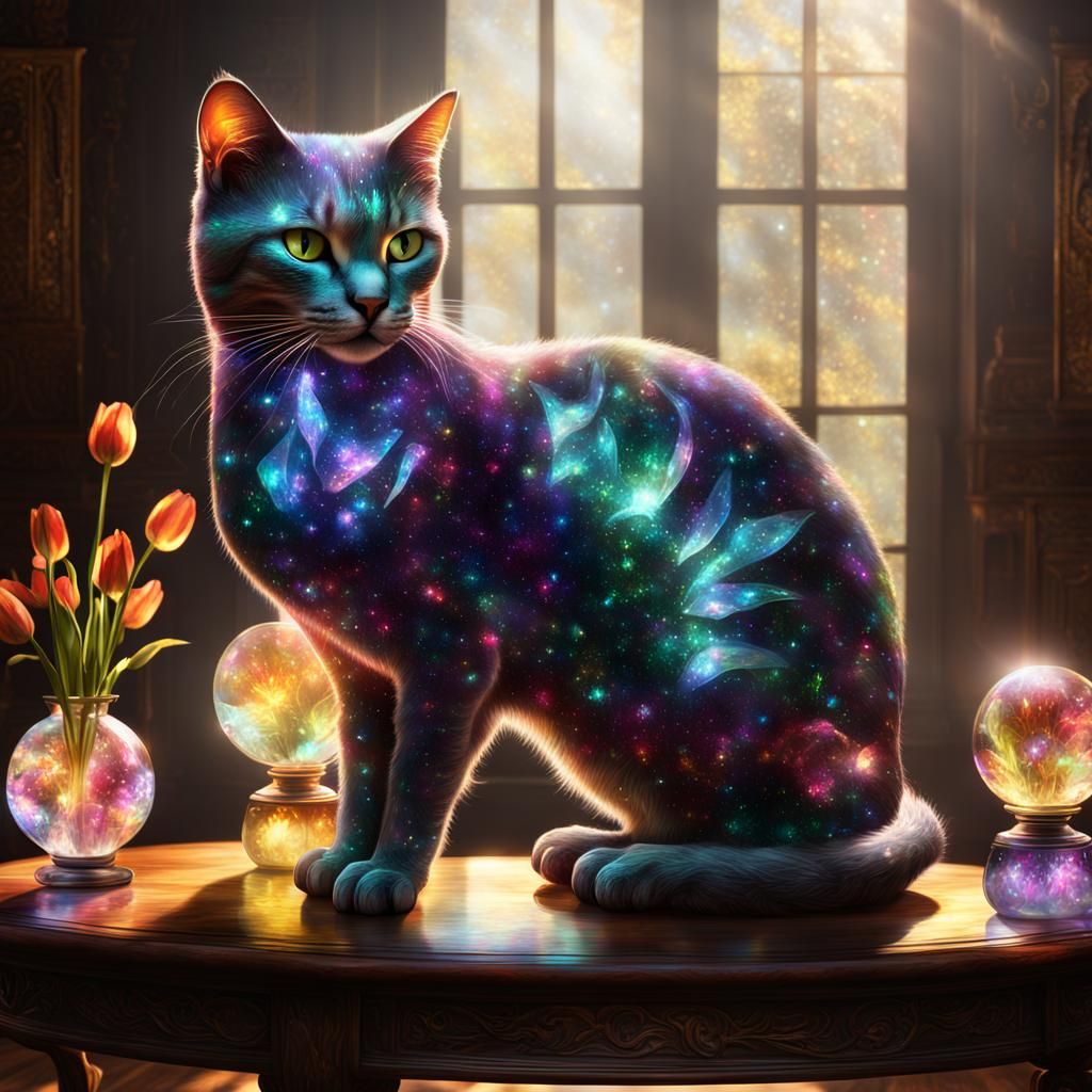 Iridescent Crystal Cat with Tulips: Fantasy Concept Art