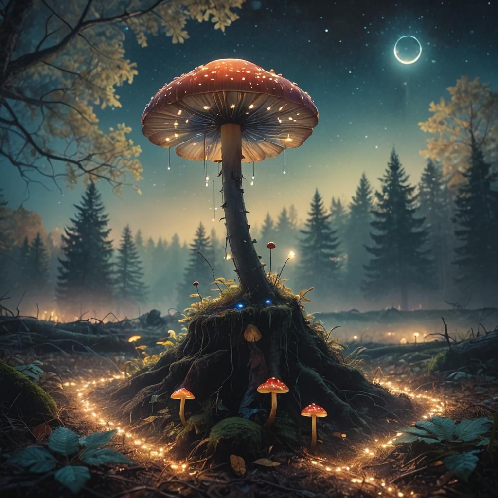 Enchanted Golden Hour Landscape with Firefly and Mushroom