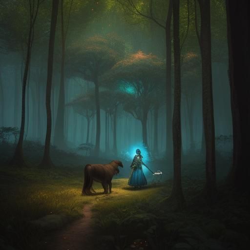 Enchanted Forest Scene with Girl and Dog