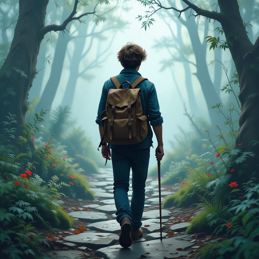 Enchanted Forest Walker: Dreamy Storybook Illustration