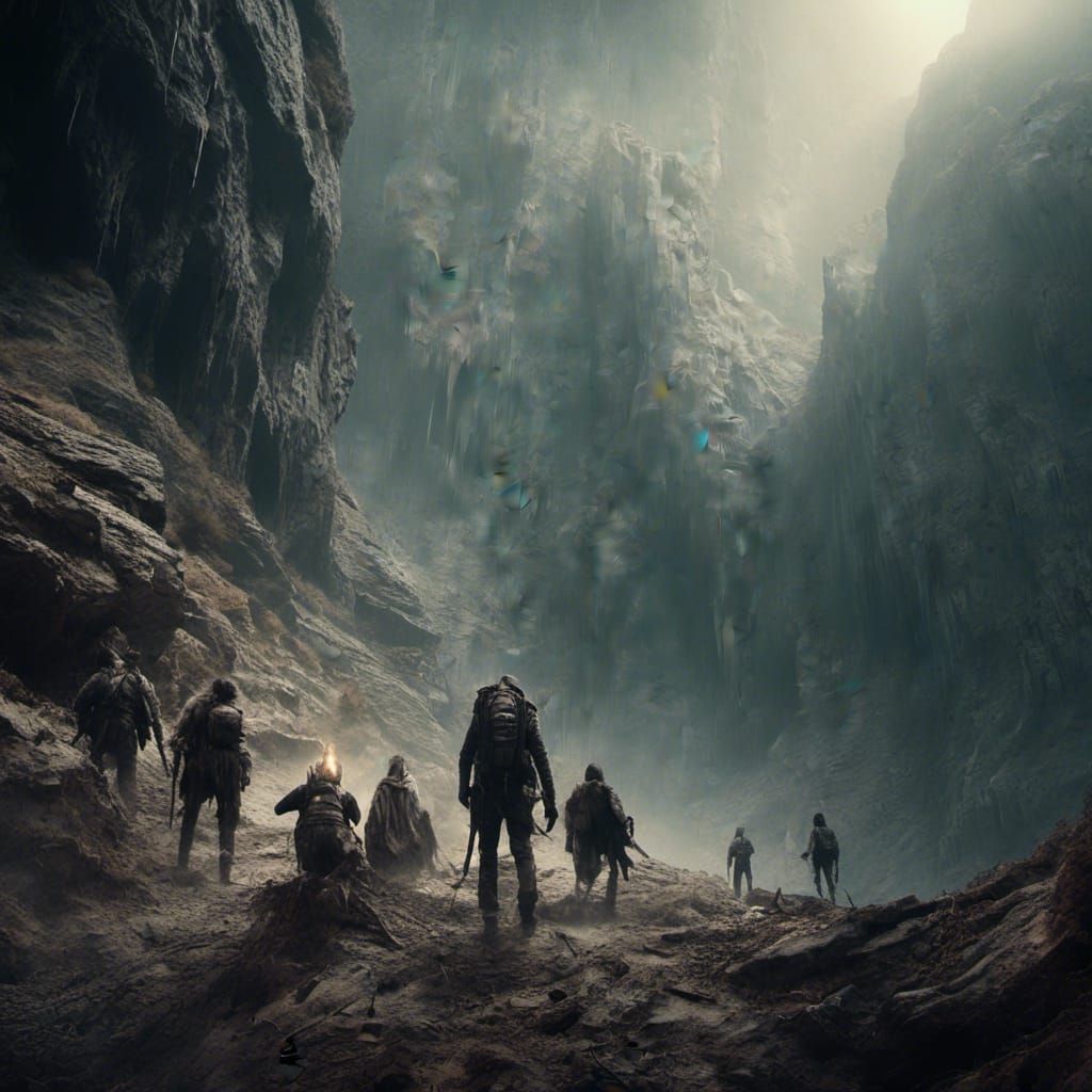 Fantasy Adventurers Emerging from Dark Cliffside Cave
