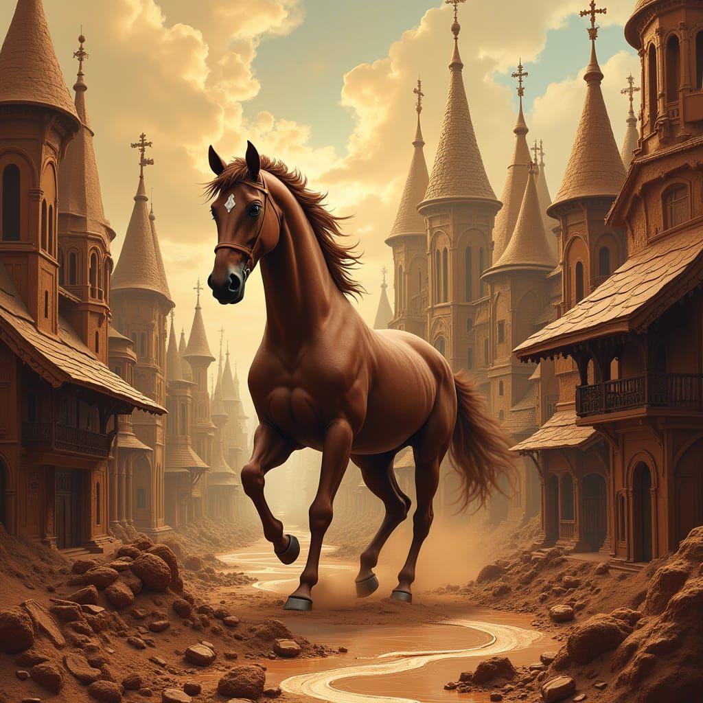 Chocolate Horse Gallops Through Whimsical Cityscape