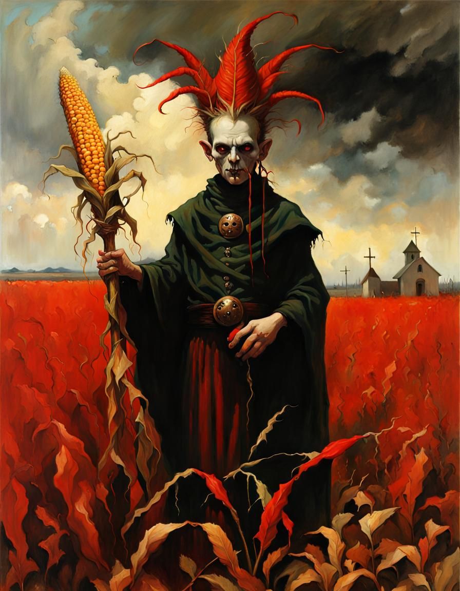Gothic Shaman Blesses Harvest: Dark Fantasy Oil Painting
