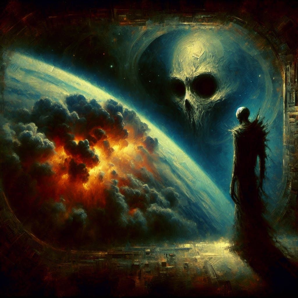Alien's Bitter Farewell: Earth Ablaze in Sci-Fi Oil Painting