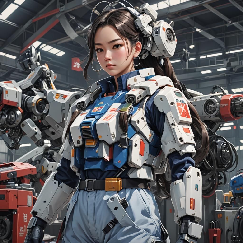 Anime Style Mechanic Repairs Gundam Robot in Hangar