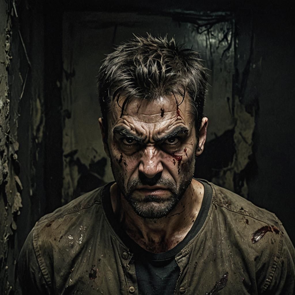 Intense Portrait of an Angry, Scarred Man