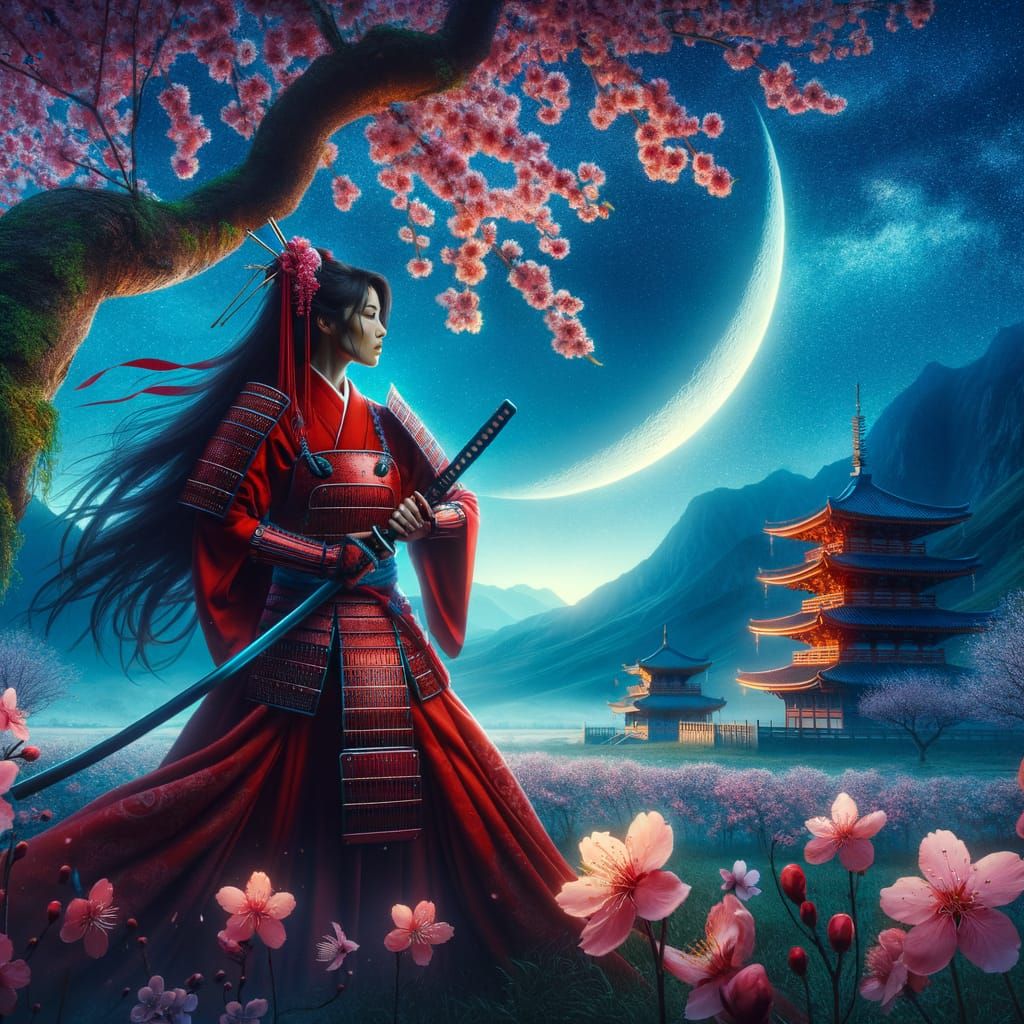 Majestic Female Samurai Under Cherry Blossom in Lunar Night
