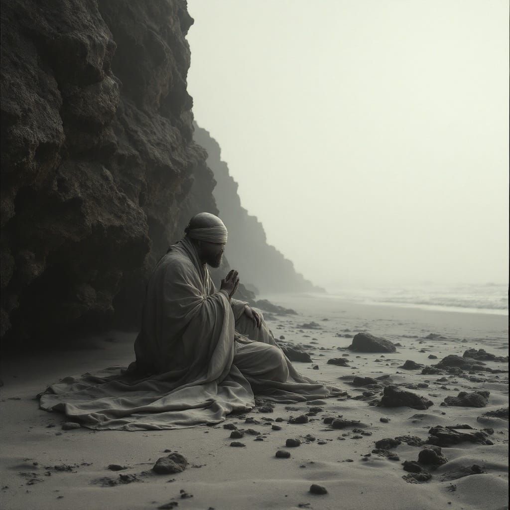 Ethereal Blindfolded Monk on a Forgotten Beach in Monochroma...