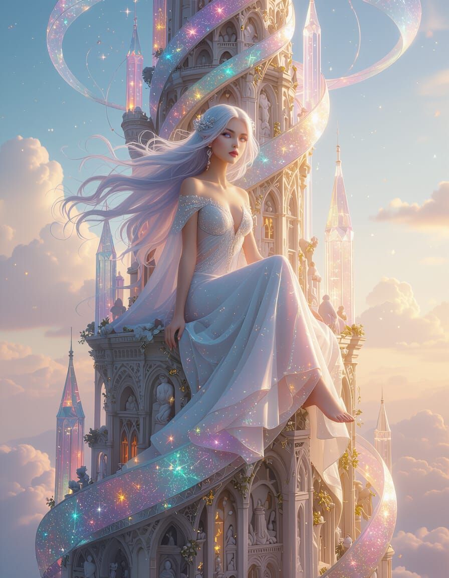 Ethereal Woman on Dream Tower in Giant's Hands