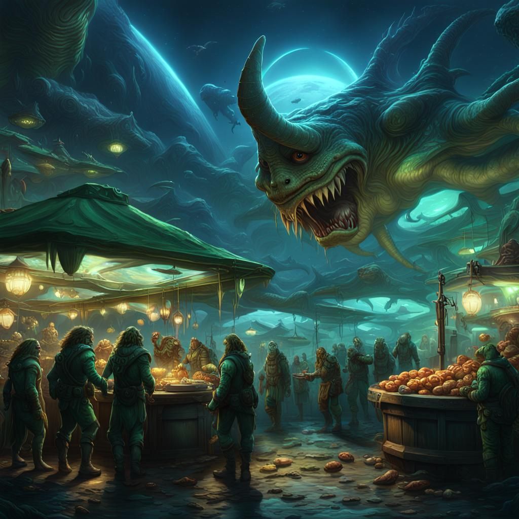 Intergalactic Market on Triton in Dark Fantasy Style