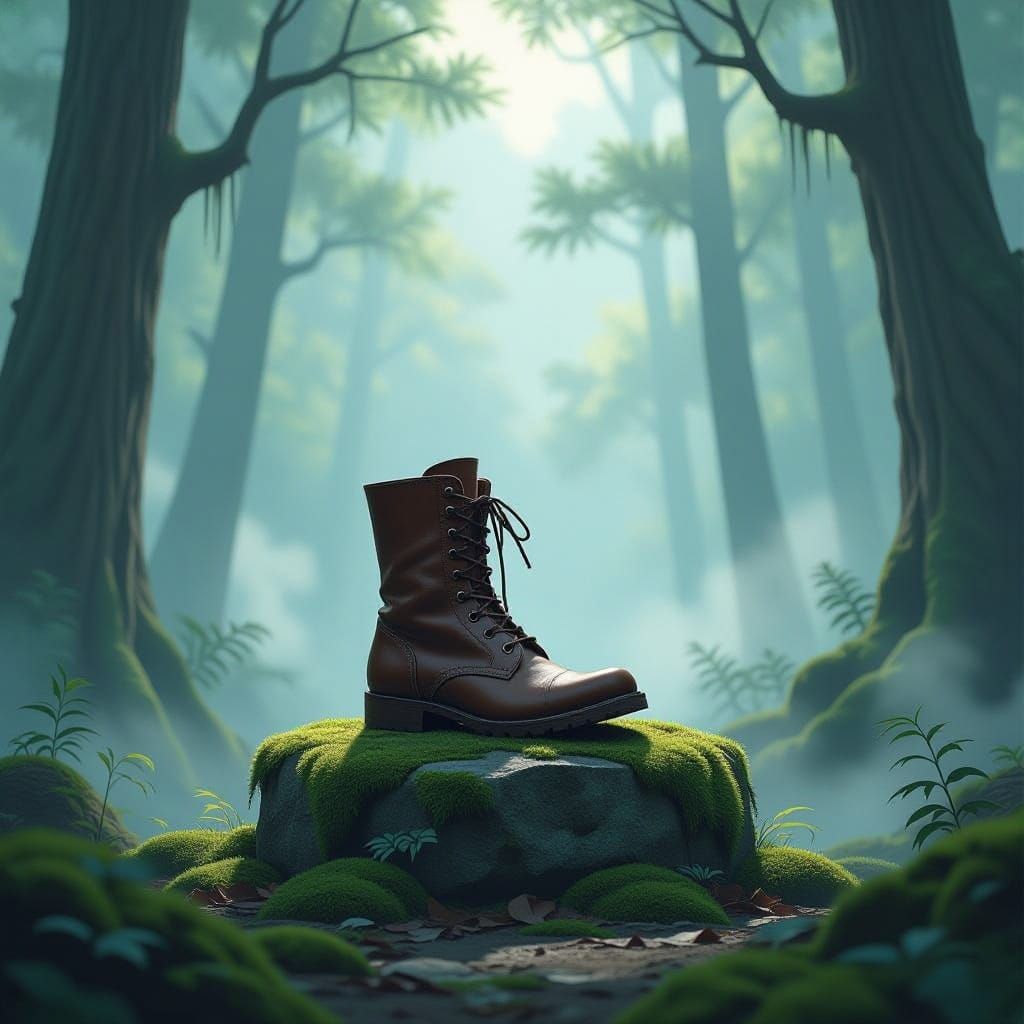 Weathered Boot on Pedestal in Misty Forest