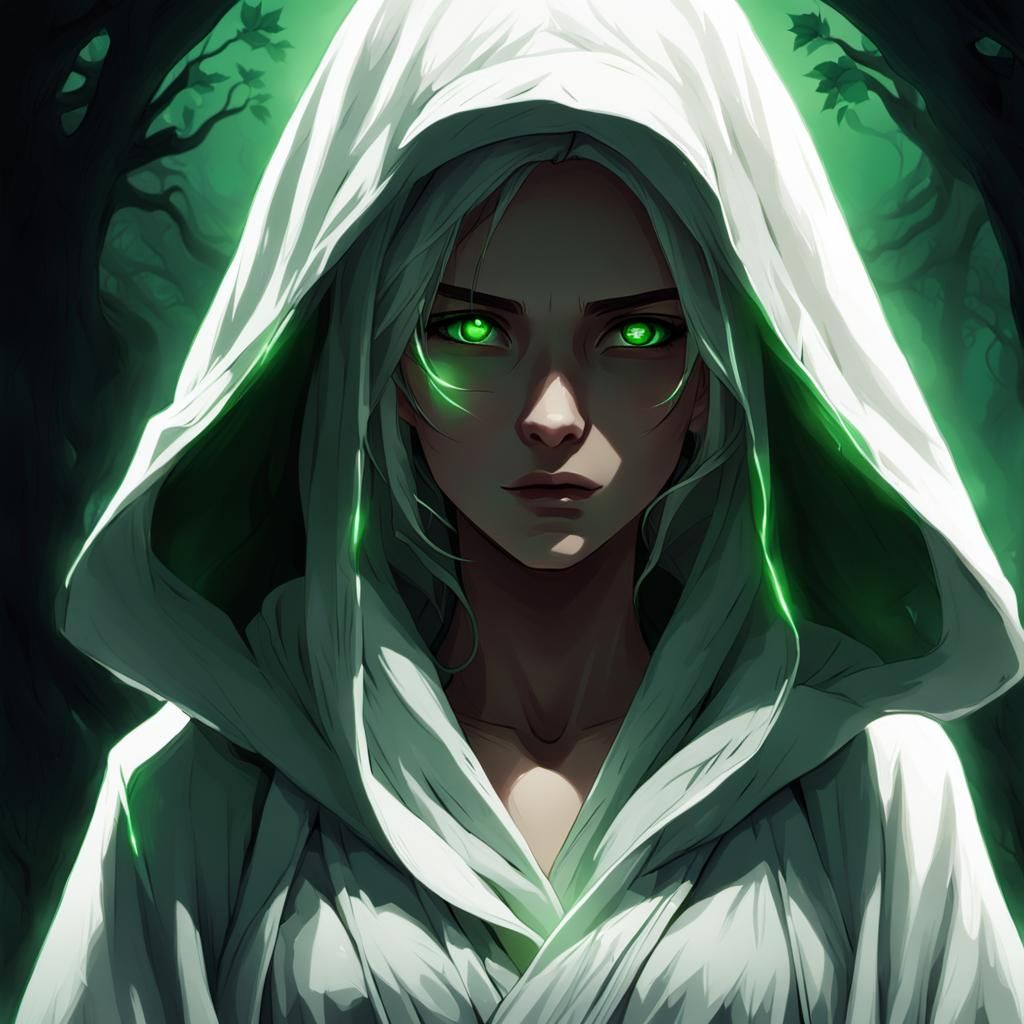 Anime Healer in Dark Woods, Chiaroscuro Painting