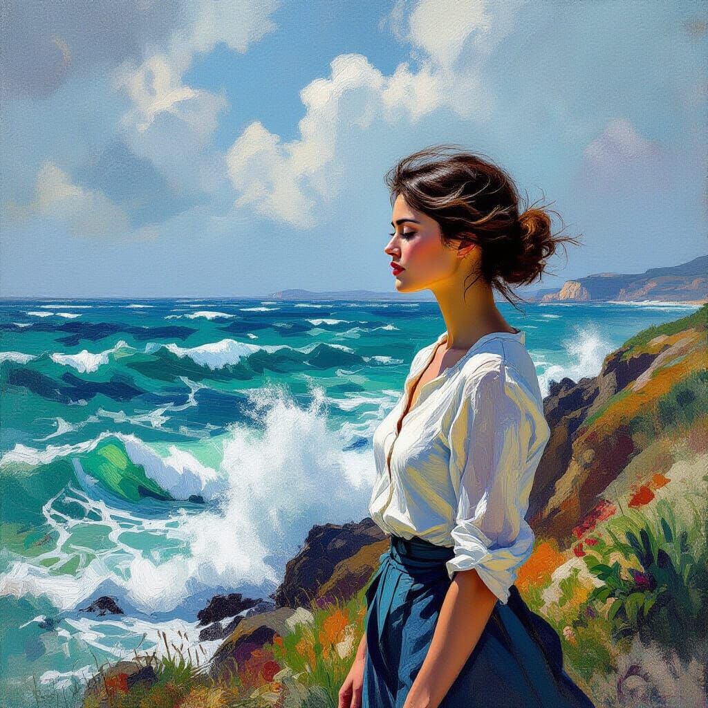 Woman on Precipice Overlooking Turbulent Sea
