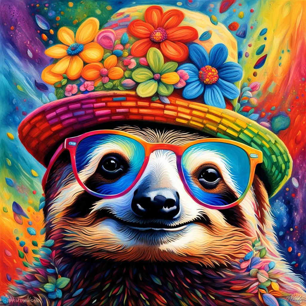 Sloth in Flowered Hat: Whimsical Abstract Art