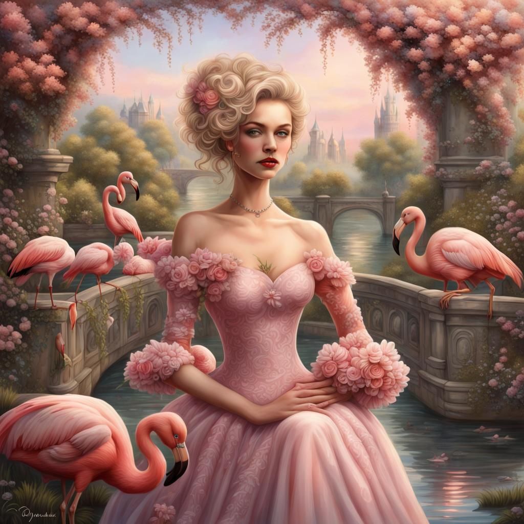 Realistic Woman with Floral Adornments and Victorian Gown