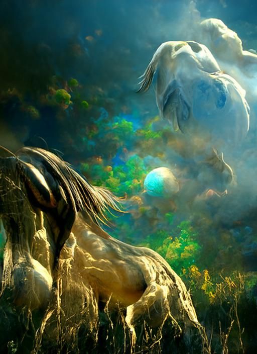 Cosmic Golden Horse in Psychedelic Fantasy Landscape