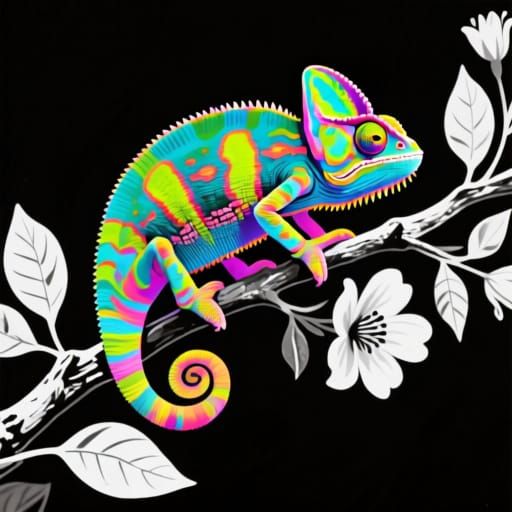 Psychedelic Chameleon on Monochrome Branch