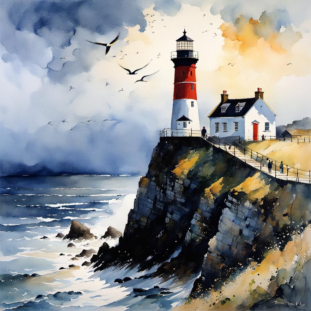 Swallows Nesting at Lighthouse in Watercolor Style