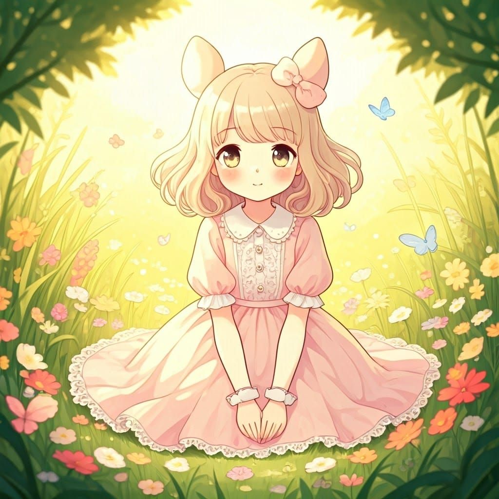 Girl in Meadow: Whimsical Illustration
