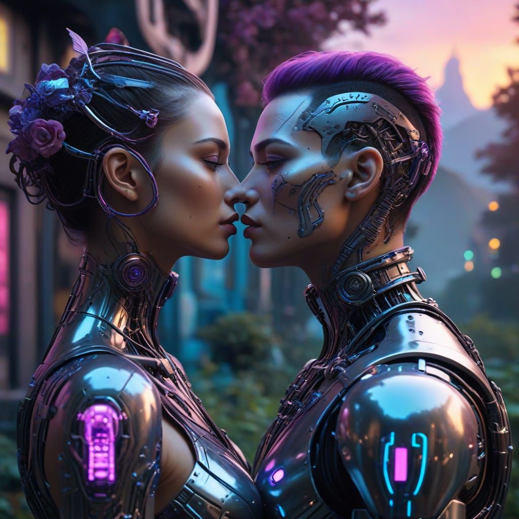 Cyberpunk Goddess Meets Mechanical Love in Vibrant Neon Land...