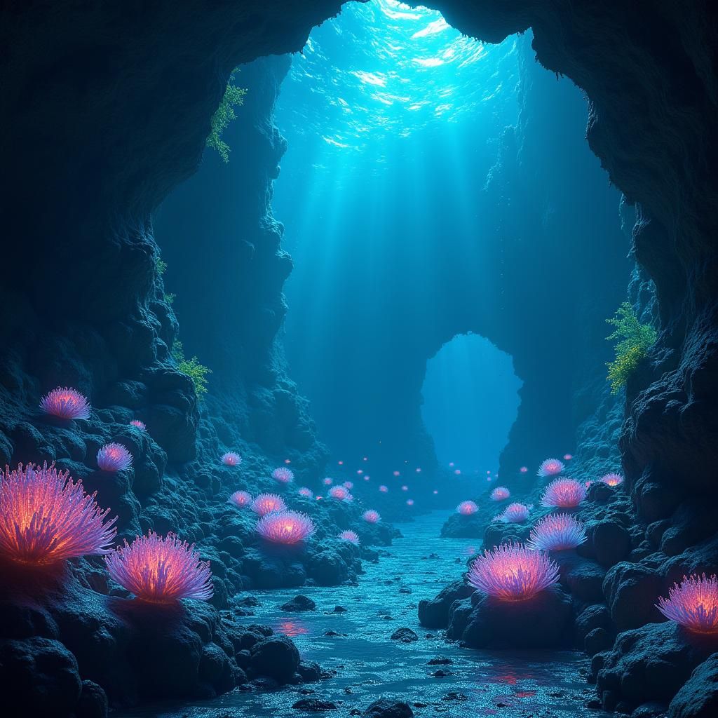 Bioluminescent Underwater Cavern: Ethereal Crystal Architect...