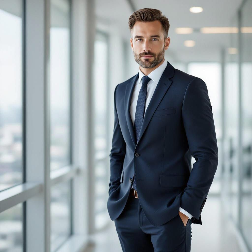 Confident Businessman in Bright Office, Cinematic Style