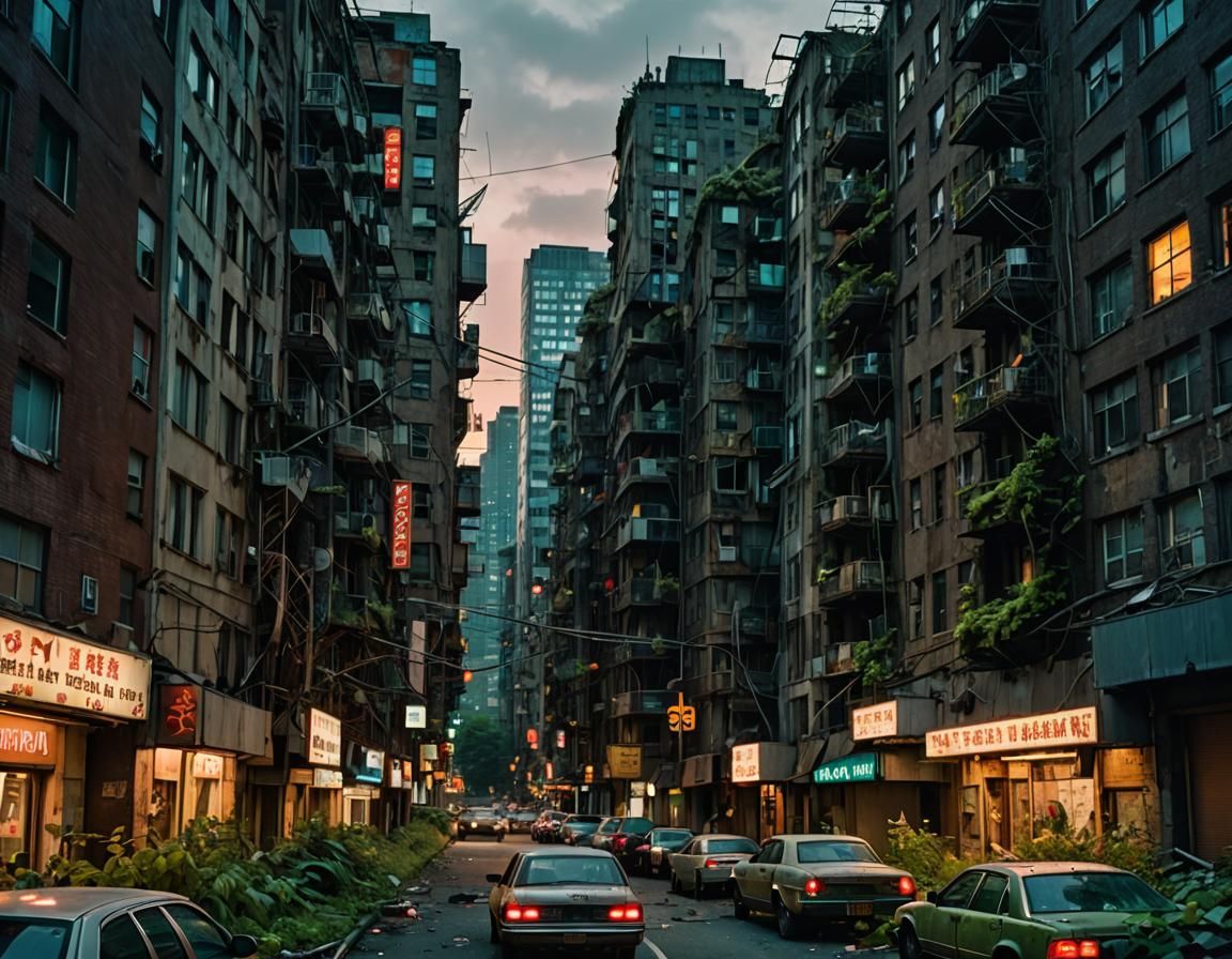 Maximalist Cityscape Reclaimed by Nature in Cel-Shaded Style