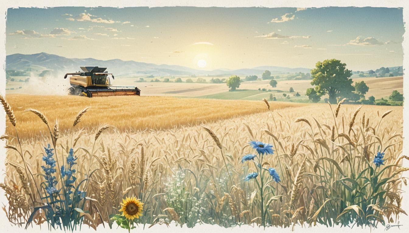 Combine Harvester Reaping Wheat in Golden Fields