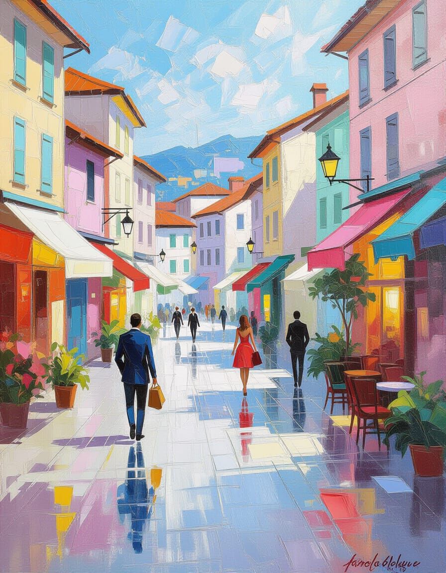 Impressionistic Promenade Painting in Rococo Style
