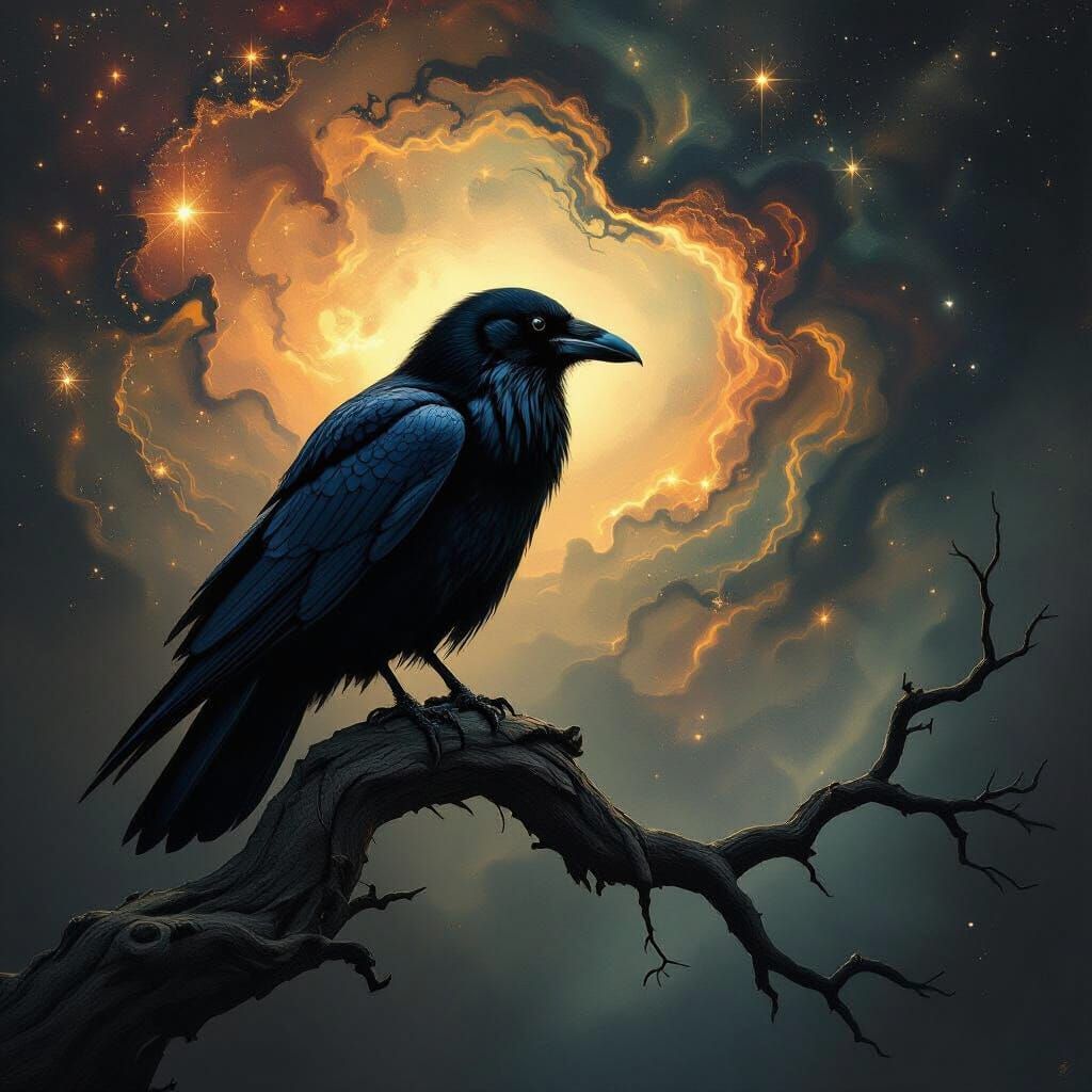 Solitary Raven Against Cosmic Nebula