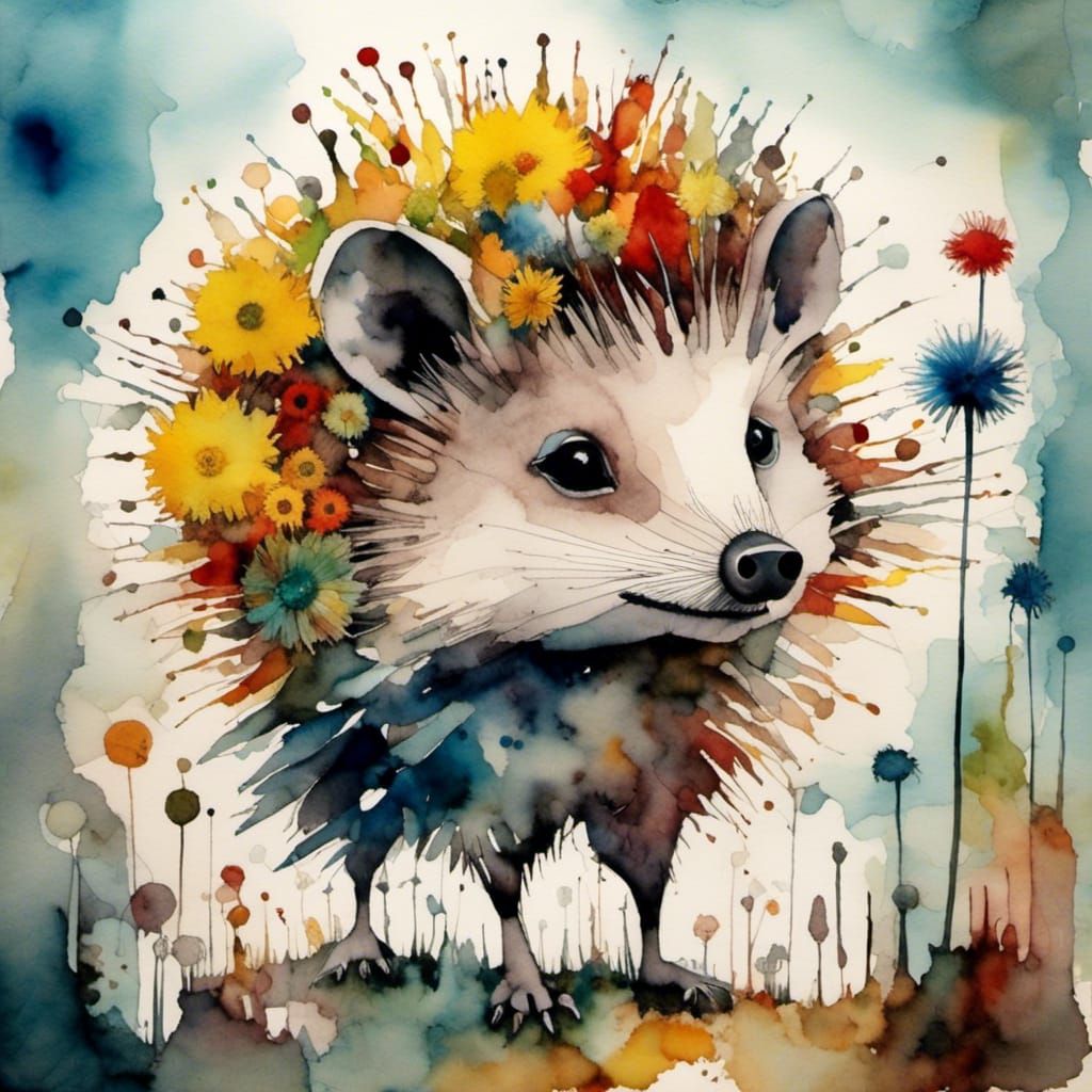 Chibi Hedgehog Double Exposure in Watercolor Style