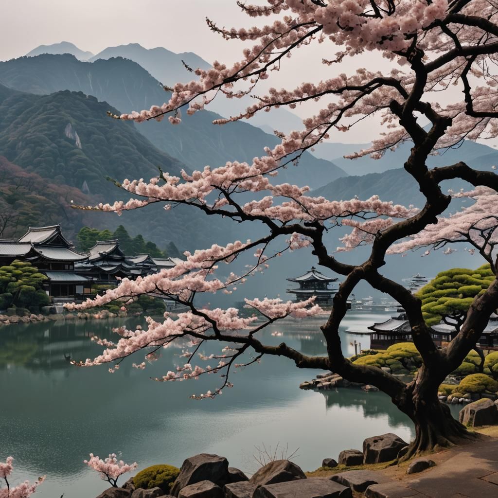 Blooming Black Sakura Tree with Japanese Temples