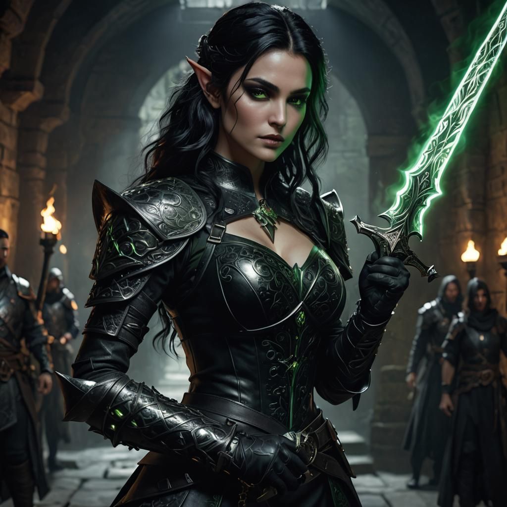 RAW Photo, female Shadar-Kai, elf, large bosom, black hair, ...